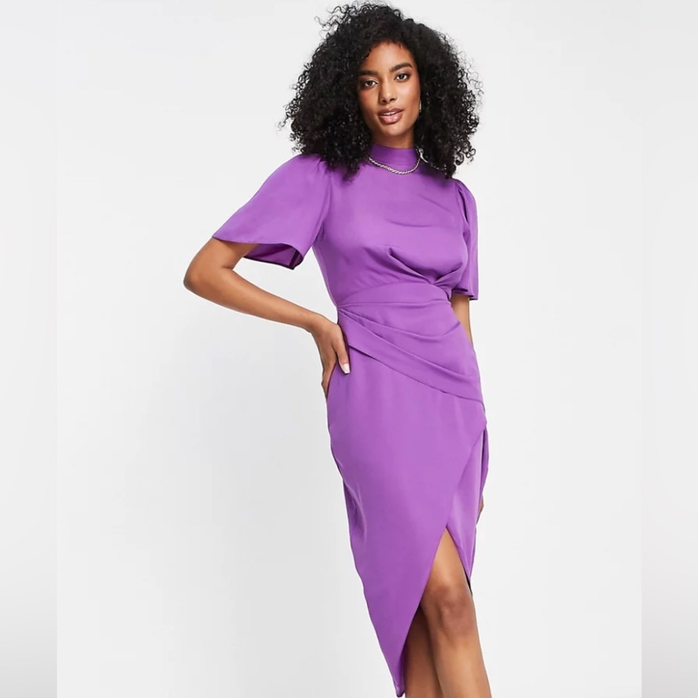 ASOS DESIGN short sleeve high neck drape wrap front mini dress in purple